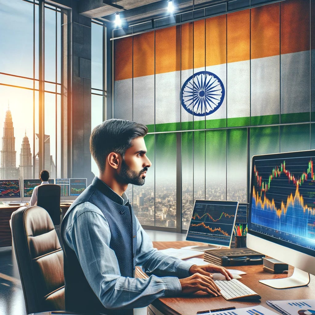 Create an image of a man from India trading financial markets. He is in a corporate office with a large window showing a scenic view of India in the background. The man is focused, analyzing financial data on his computer. In the background, prominently displayed, is the Indian flag. The office is modern and well-lit, reflecting a professional and dynamic financial trading environment. Create an image of a man from India trading financial markets. He is in a corporate office with a large window showing a scenic view of India in the background. The man is focused, analyzing financial data on his computer. In the background, prominently displayed, is the Indian flag. The office is modern and well-lit, reflecting a professional and dynamic financial trading environment.