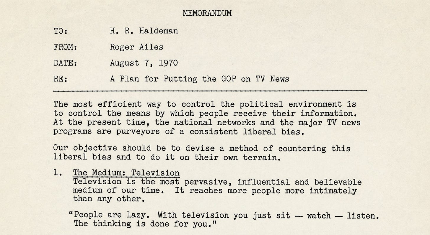 Roger Ailes to H.R. Haldeman memo 1970 Roger Ailes to H.R. Haldeman memo 1970
