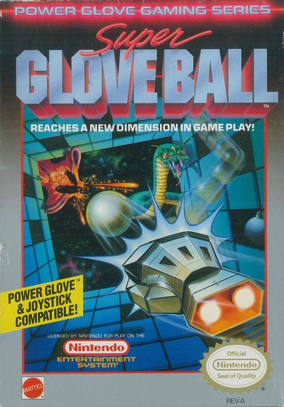 The box for the NES game Super Glove Ball which shows a glove flying out of a cube into space and shooting silver balls at a space snake. There is also a wizard type character to the left