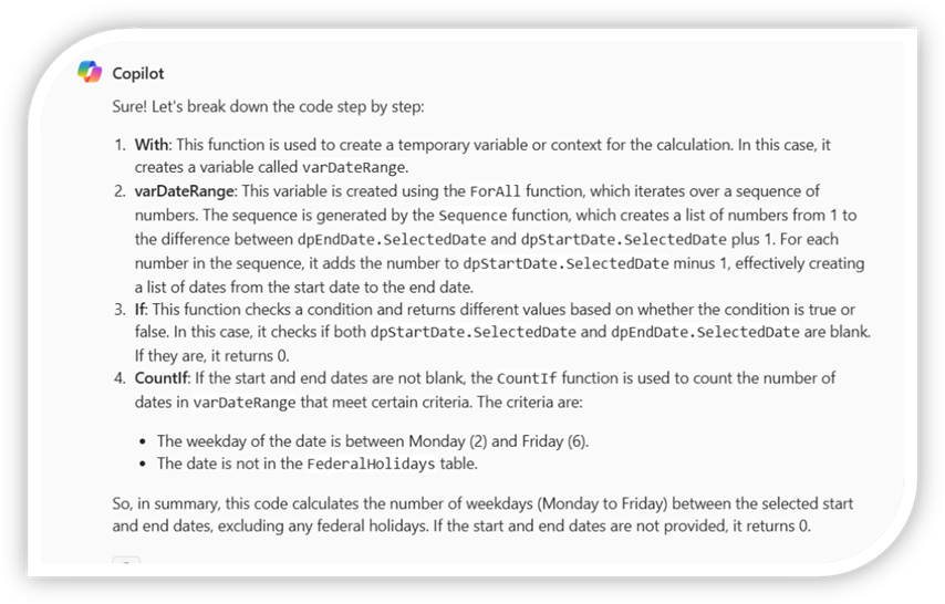 An image of Copilot providing detailed explanations for a code snippet. The image includes a code snippet with comments and explanations. An image of Copilot providing detailed explanations for a code snippet. The image includes a code snippet with comments and explanations.