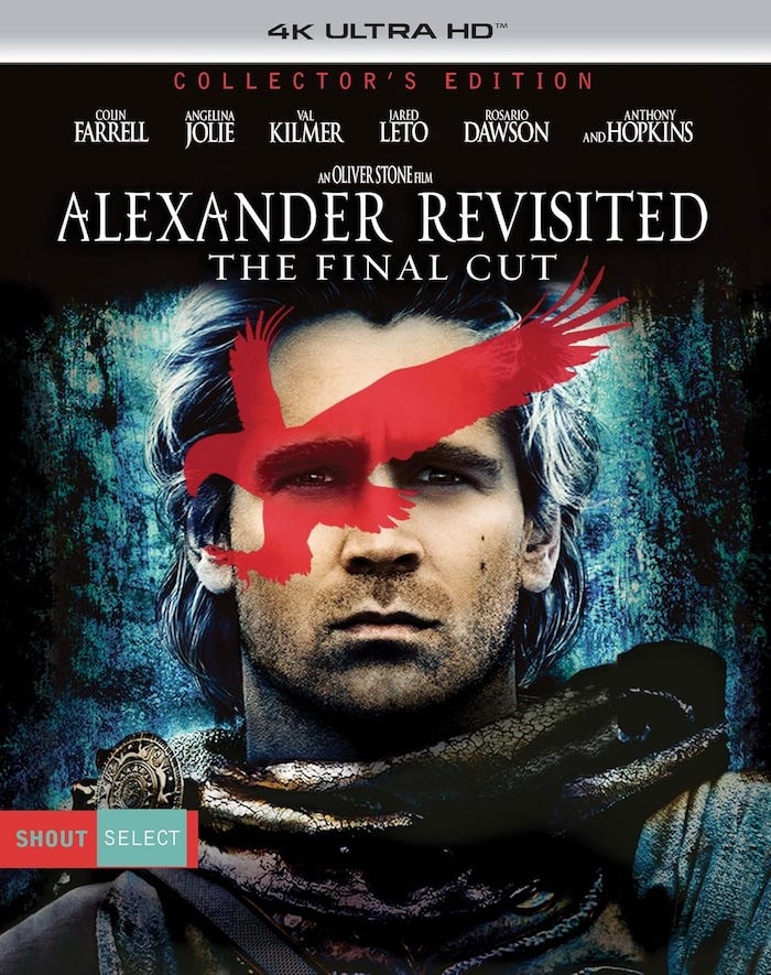 Alexander Revisited 4K UHD slipcover art – Shout Select Collector’s Edition cover for Alexander Revisited: The Final Cut featuring Colin Farrell with a red eagle silhouette overlay.
