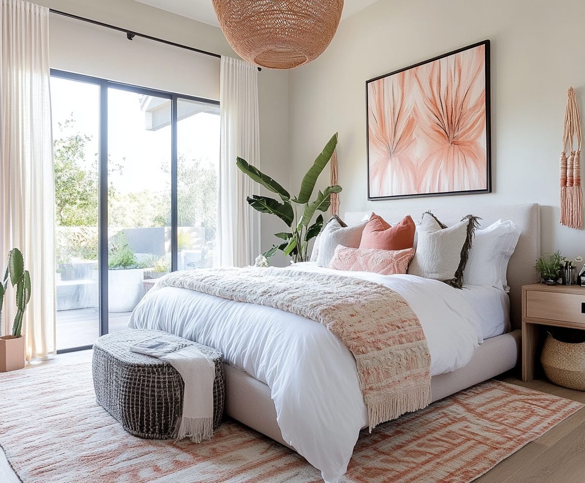 sunny boho bedroom with white and pale pink bedding, rattan pendant light, pink and cream patterned rug, plush design interiors adelaide
