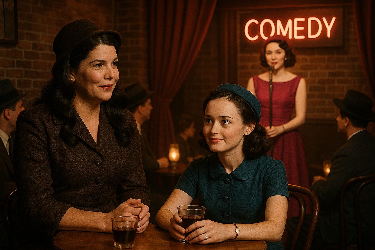 AI-Generated Fan Art Crossover of Lorelai Gilmore and Rory Gilmore watching Midge Maisel perform at the Gaslight in The Marvelous Mrs. Maisel | rmrk*st | Remarkist Magazine