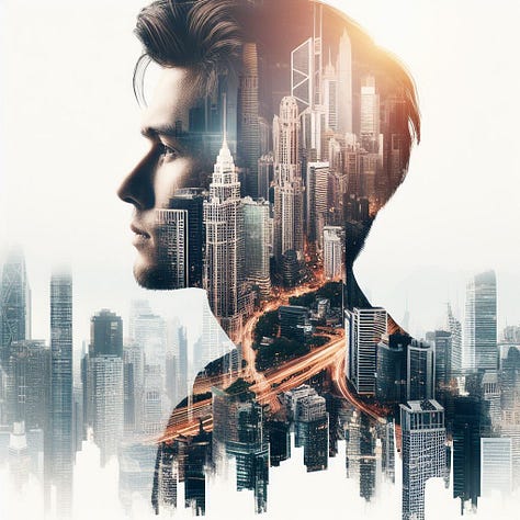 Images showing double exposure city portraitures with a person's face or upper body