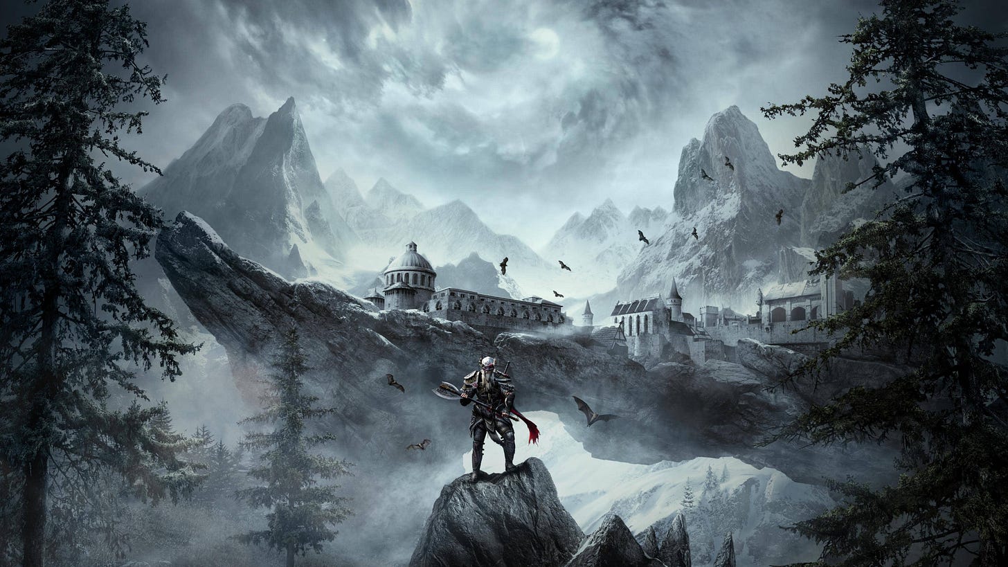 From The Elder Scrolls Online Greymoor: A knight in armor stands on a cliff overlooking a castle in a dark and foggy fantasy landscape. The moon shines behind the clouds and birds fly around the castle.