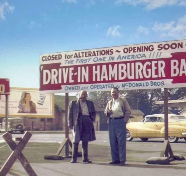 Maurice and Richard McDonald at the site of their drive-in hamburger stand  as it was undergoing renovation, San Bernardino, California, 1948 :  r/OldSchoolCool