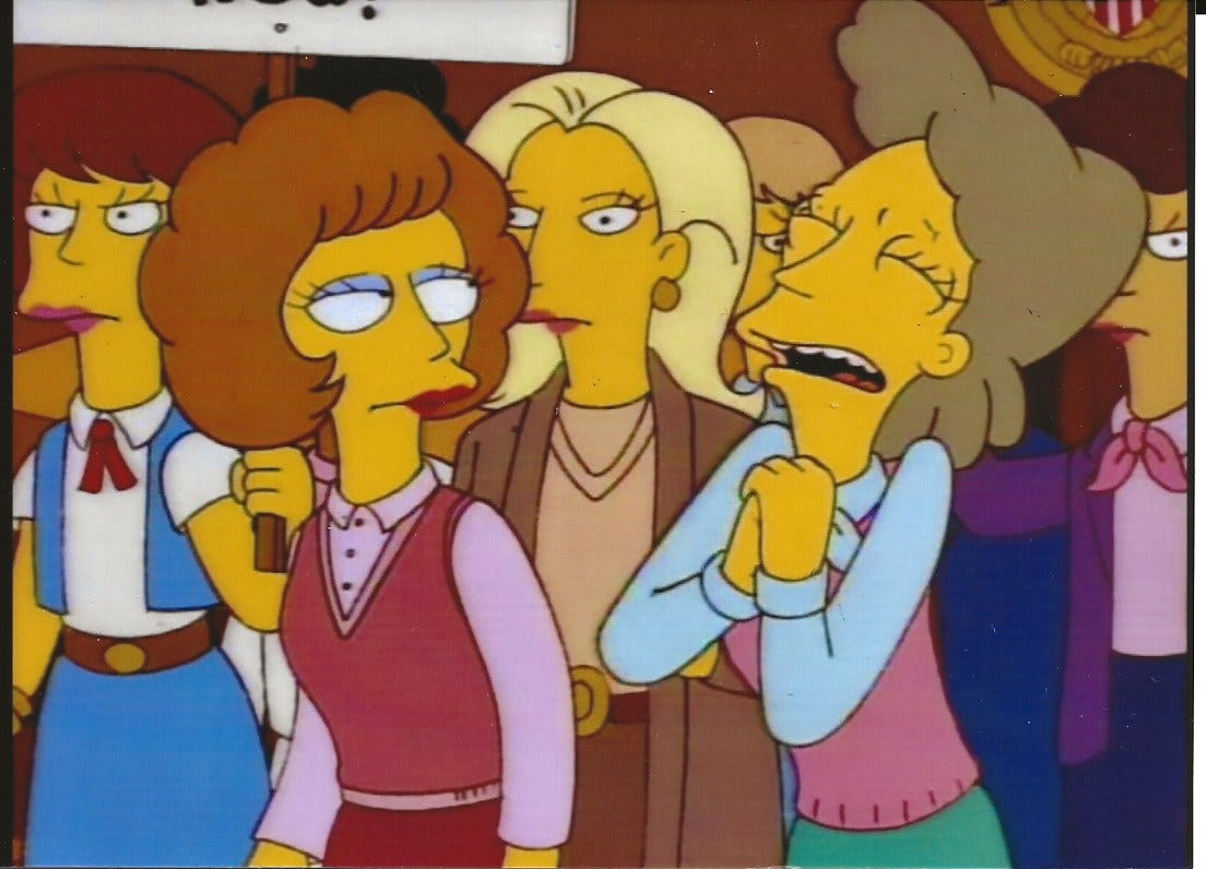 Helen LoveJoy from the simpsons crying for someone to think of the children