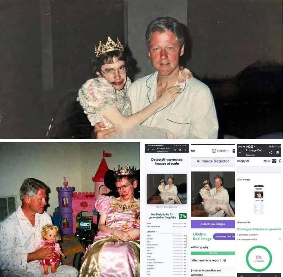 A historical photograph shows a man and a woman wearing royal crowns in a dark setting. The woman is wearing a dress, the man pajamas. Below are the results of an AI-powered image analysis, presented as different percentages.