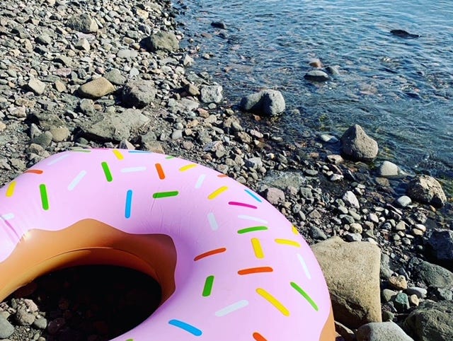 a donut-shaped floatie sits on the edge of a rocky beach, the tide coming in