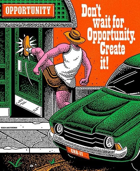 This may contain: an old car is parked in front of a store with the words don't wait for opportunity, create it