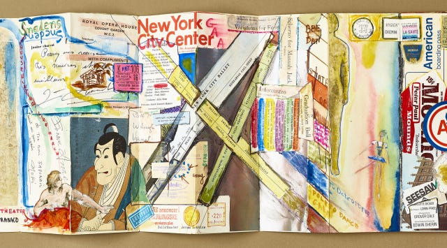 An accordion piece of paper; brightly collage with images