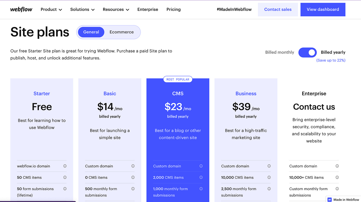 Webflow pricing