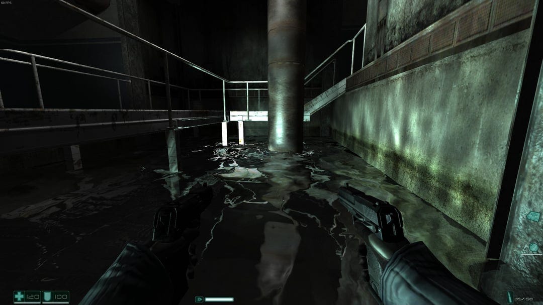 F.E.A.R., a game made by Monolith in 2005 has serious impressive water  physics/graphics.