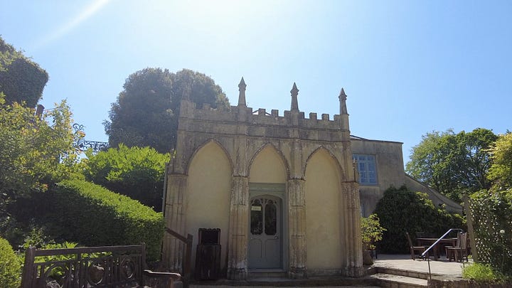 Two images. First is the outside view of The Old Dairy. The second is part of the exposed Roman mosaic floor. The image in the floor is a figure paying a stringed musical instrument. Sherborne Castle and Gardens Dorset. Images: Roland's Travels