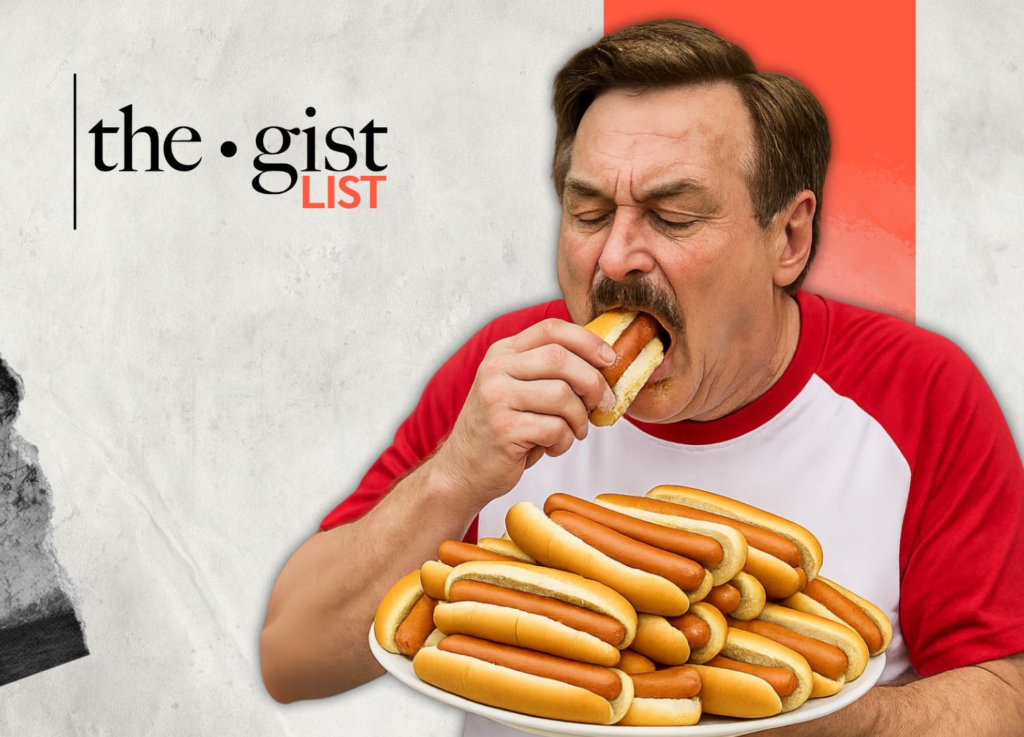 Mike Lindell eating a towering plate of hot dogs, parodying a competitive eating contest.
