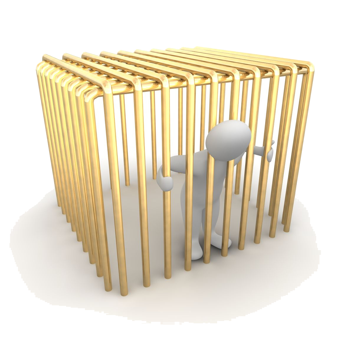 3D figure standing in a cage of golden bars, looking down