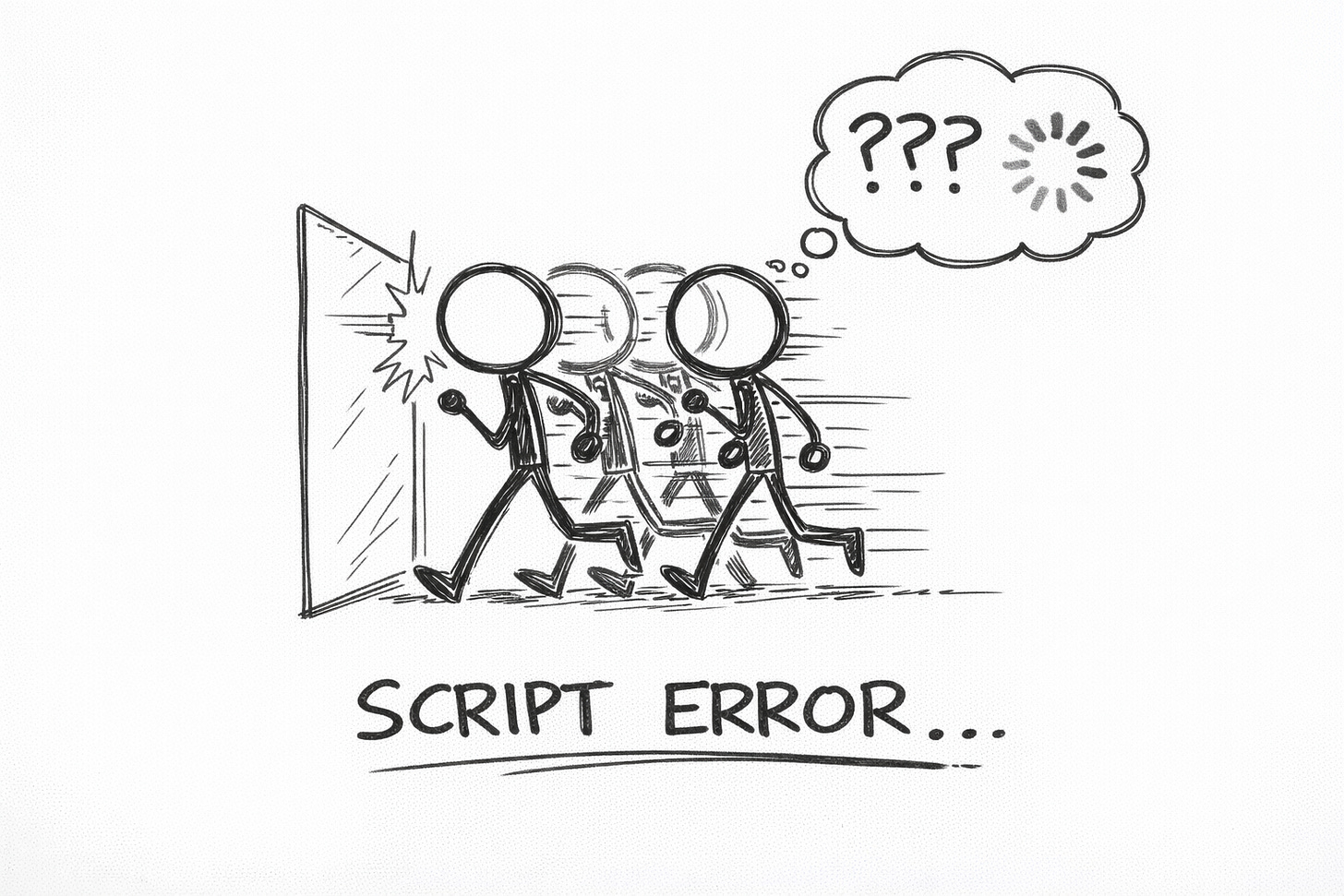 Whiteboard-style drawing of a stick figure standing motionless in front of a chain-link fence and empty lot. A loading spinner floats above the figure’s head with the words “AWAITING INSTRUCTIONS…” written below.