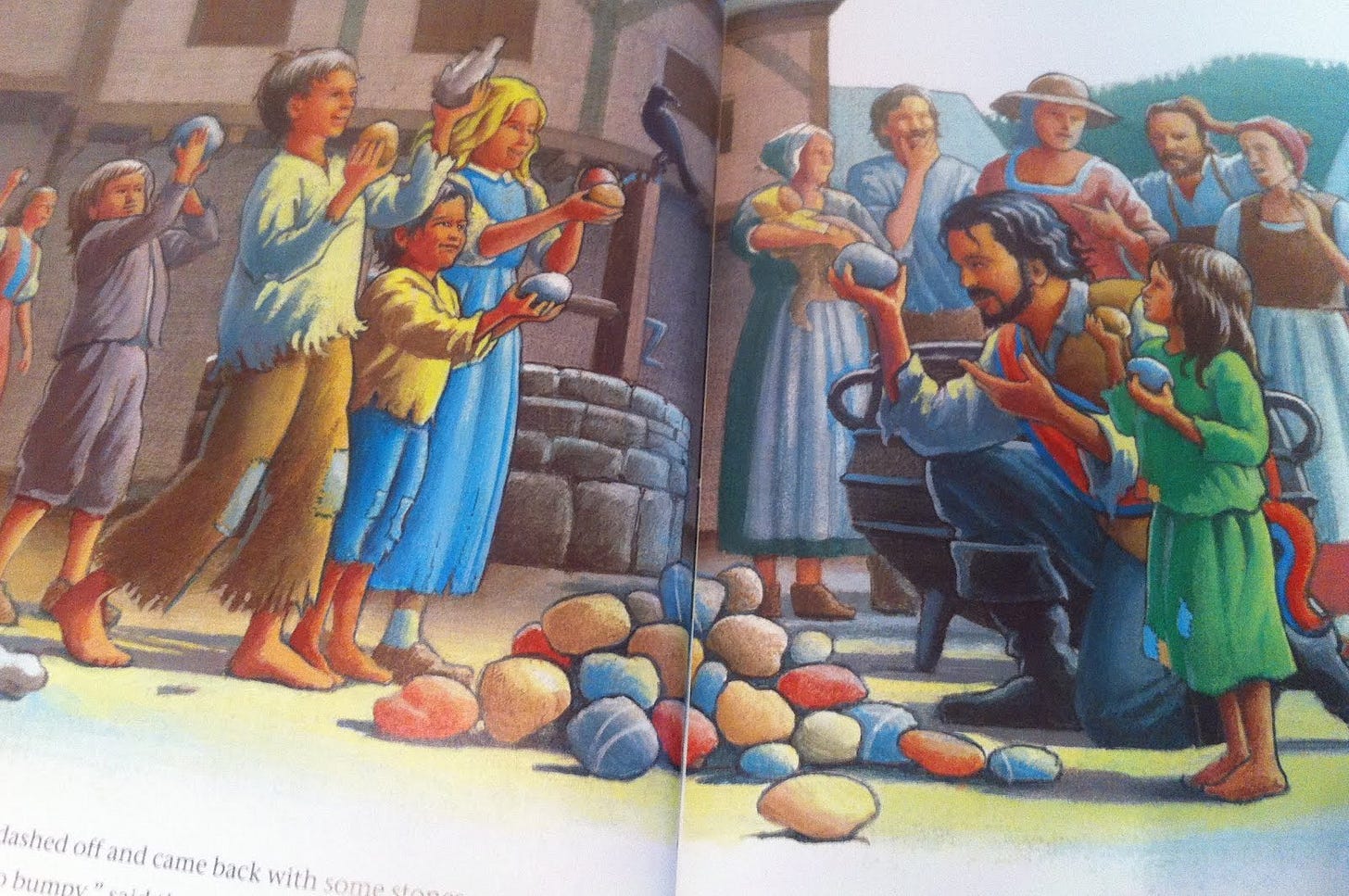 An illustration from a version of Stone Soup showing villagers of all ages is tattered old-fashioned clothes presenting stones around a large pot.