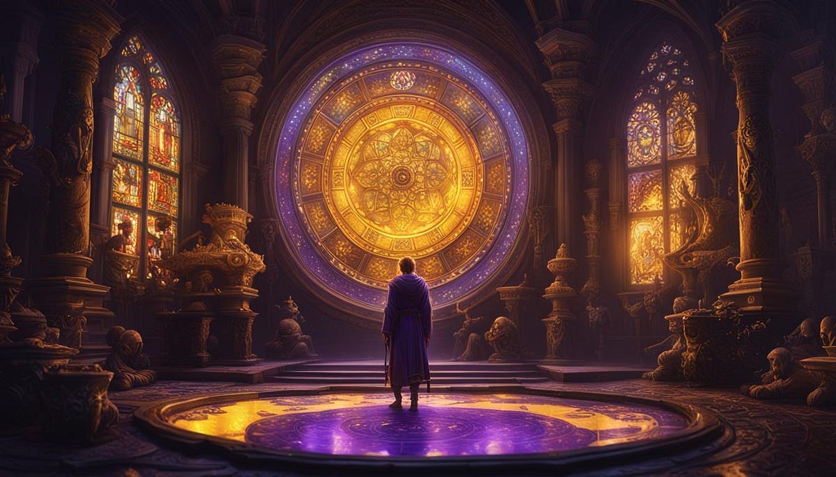 Man in a mindfulness temple, art depiction Man in a mindfulness temple, art depiction