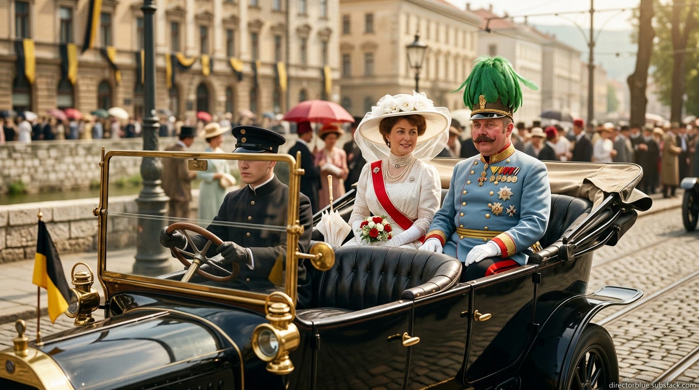 new 16x9 image same subject please - Historical photographic recreation of a documented scene from June 28 1914 Sarajevo Bosnia-Herzegovina Austro-Hungarian Empire  Archduke Franz Ferdinand and Duchess Sophie riding in the open motorcade alo_image_1