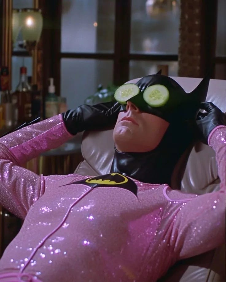 This may contain: a man in a pink costume laying on a chair with cucumbers on his face