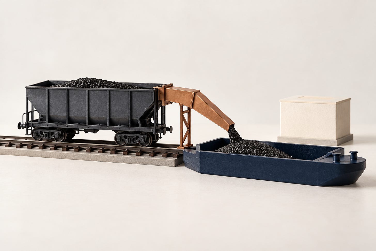 Conceptual miniature of a charcoal rail wagon, copper chute, navy barge-shaped tray and separate ivory storage block. Conceptual miniature of a charcoal rail wagon, copper chute, navy barge-shaped tray and separate ivory storage block.