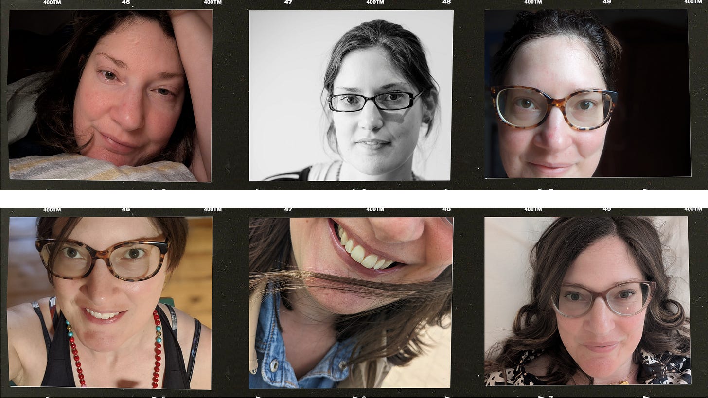 Image is a photo strip of 6 images of Lou. Starting with Lou looking tired, and ending with Lou looking more radiant. Lou is a white woman in mid-life with long brown hair and glasses. This image is intended to show one person navigating a path of recovery.