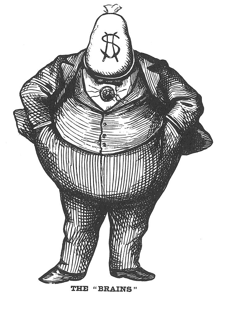 thomas nast cartoon showing a portly man in a suit with a moneybag for a head; it's titled The Brains thomas nast cartoon showing a portly man in a suit with a moneybag for a head; it's titled The Brains