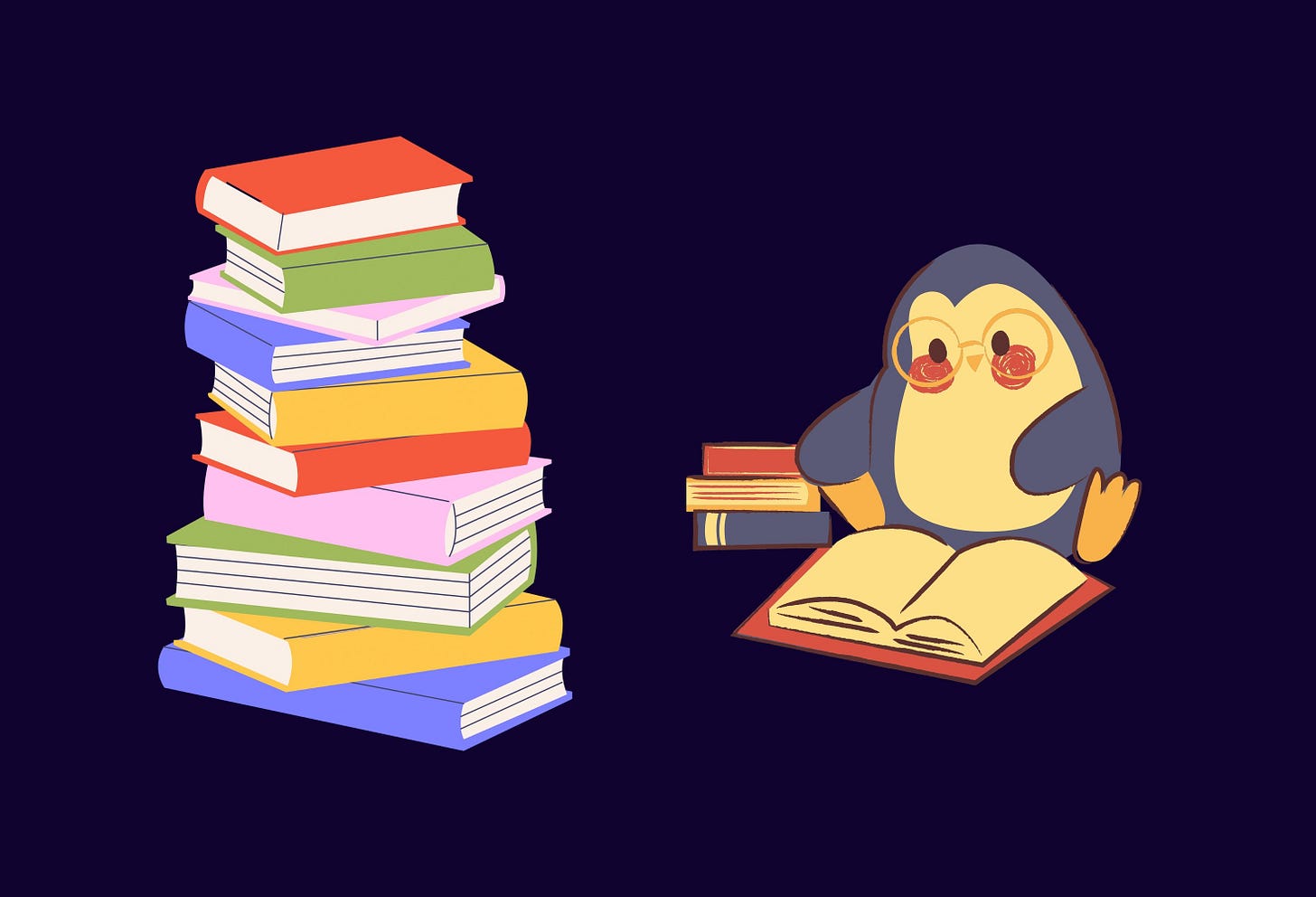 On the left is a stack of books and on the right is a penguin reading a book.