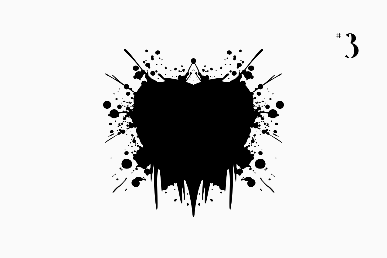 A bilateral, Rorschach-style inkblot specimen for the “In Other Words” series from The Subtext Review. The charcoal-black symmetrical splatter is centered on a cream paper background, labeled as Puzzle No. 3 in a classic serif typeface.