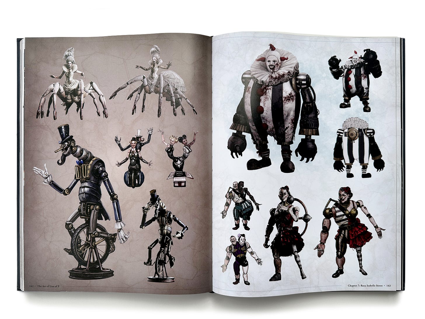 Photography of an open art book, displaying a double-page spread with illustrative designs of various puppet characters. Photography of an open art book, displaying a double-page spread with illustrative designs of various puppet characters.