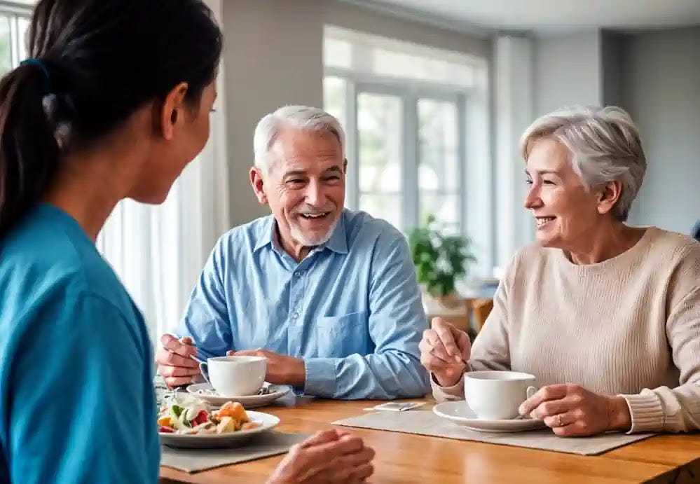 A smiling elderly couple enjoys a meal together at home with a friendly home health aide assisting