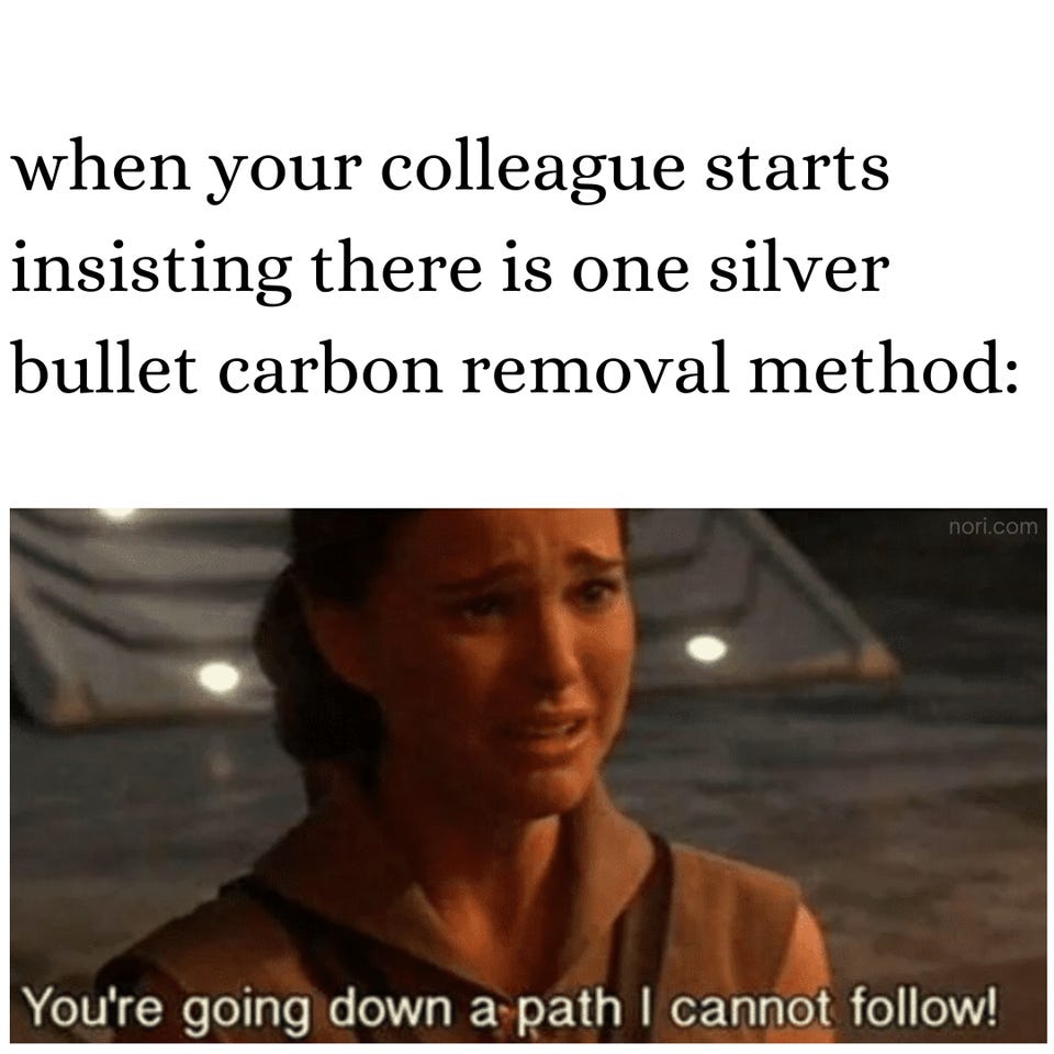 "when your colleague starts insisting there is one silver bullet carbon removal method:" above a still of a tearful Padmé Amidala saying "You're going down a path I cannot follow!"