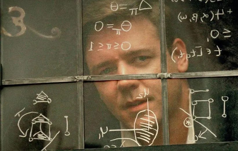 Russell Crowe in the Film, A Beautiful Mind. Image shows Crowe gazing out a window whose panes are full of mathematical symbols and equations