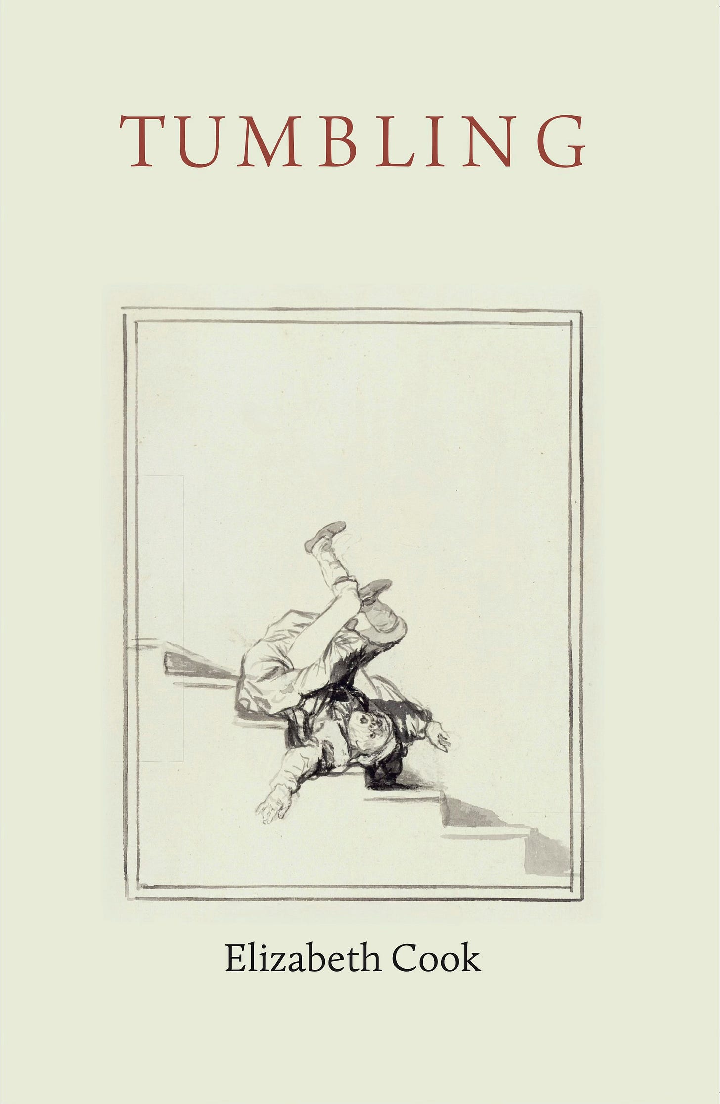 Book cover in cream with a pencil sketch of a girl falling downstairs