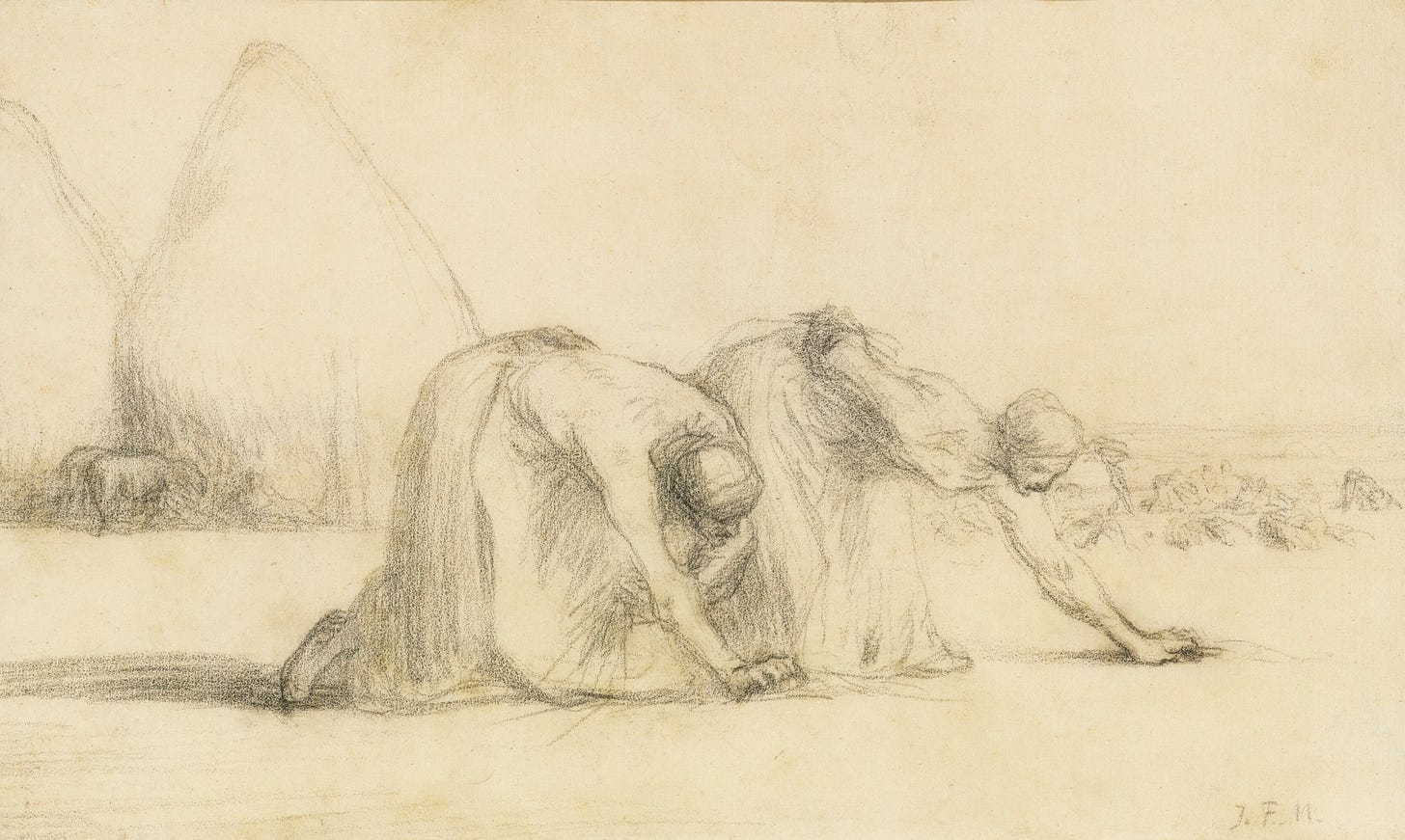 Millet drawing, two women bent over gleaning grain in a field.