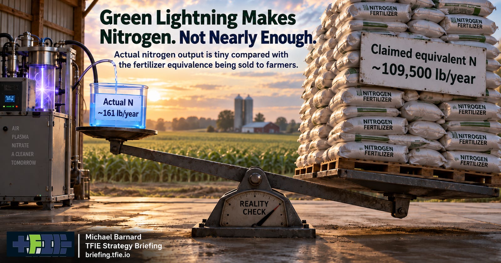 Editorial illustration of a farm nitrogen-plasma machine feeding a small container labeled about 161 pounds of actual nitrogen per year on one side of a balance, opposite a huge stack of fertilizer bags labeled about 109,500 pounds of claimed equivalent nitrogen per year.