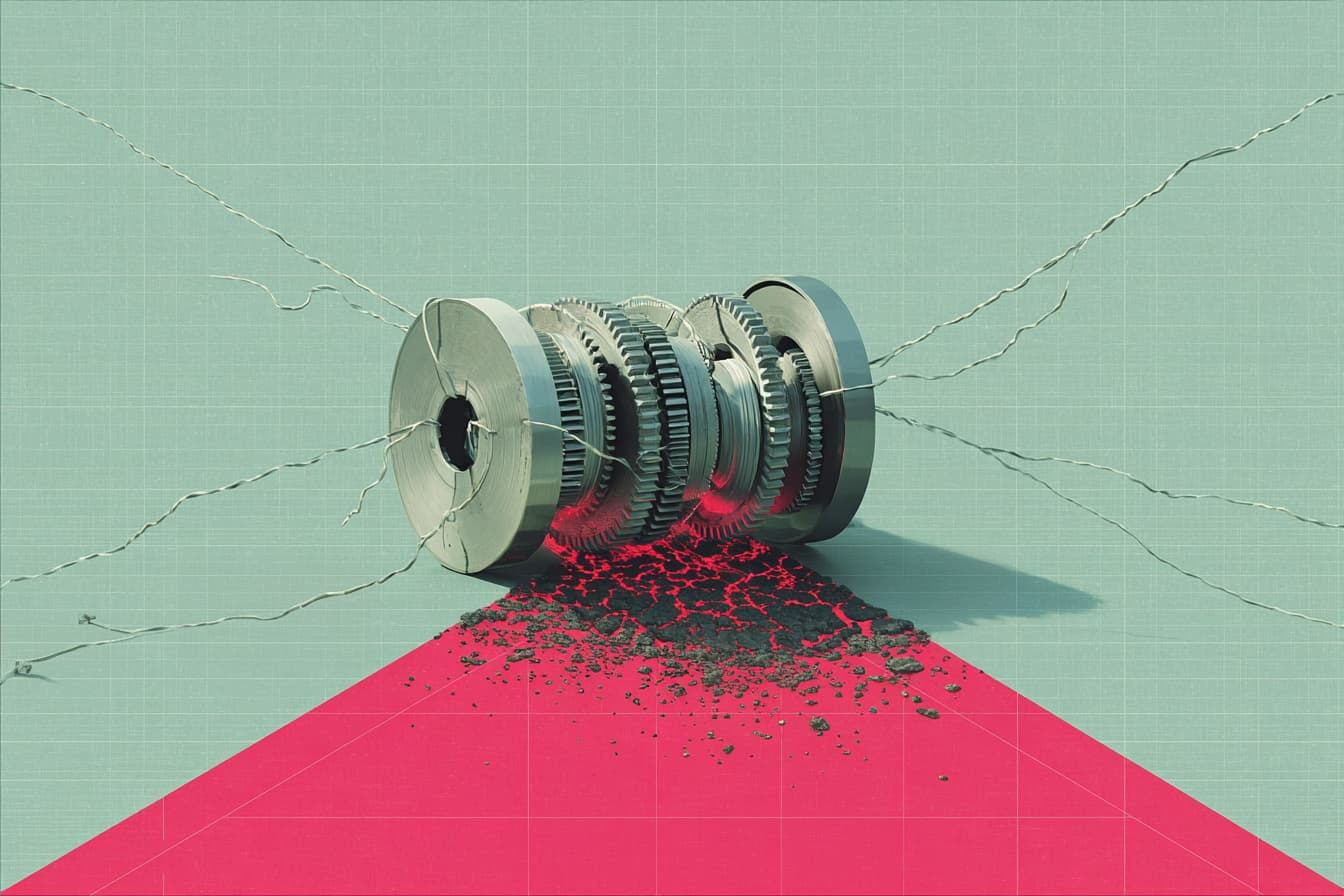 A set of tangled metal gears cracks the ground beneath them, with red light and debris spreading outward on a geometric red path.