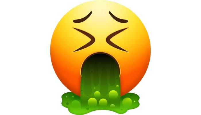 A large orange 'vomit' emoji. The vomitus is startlingly green.