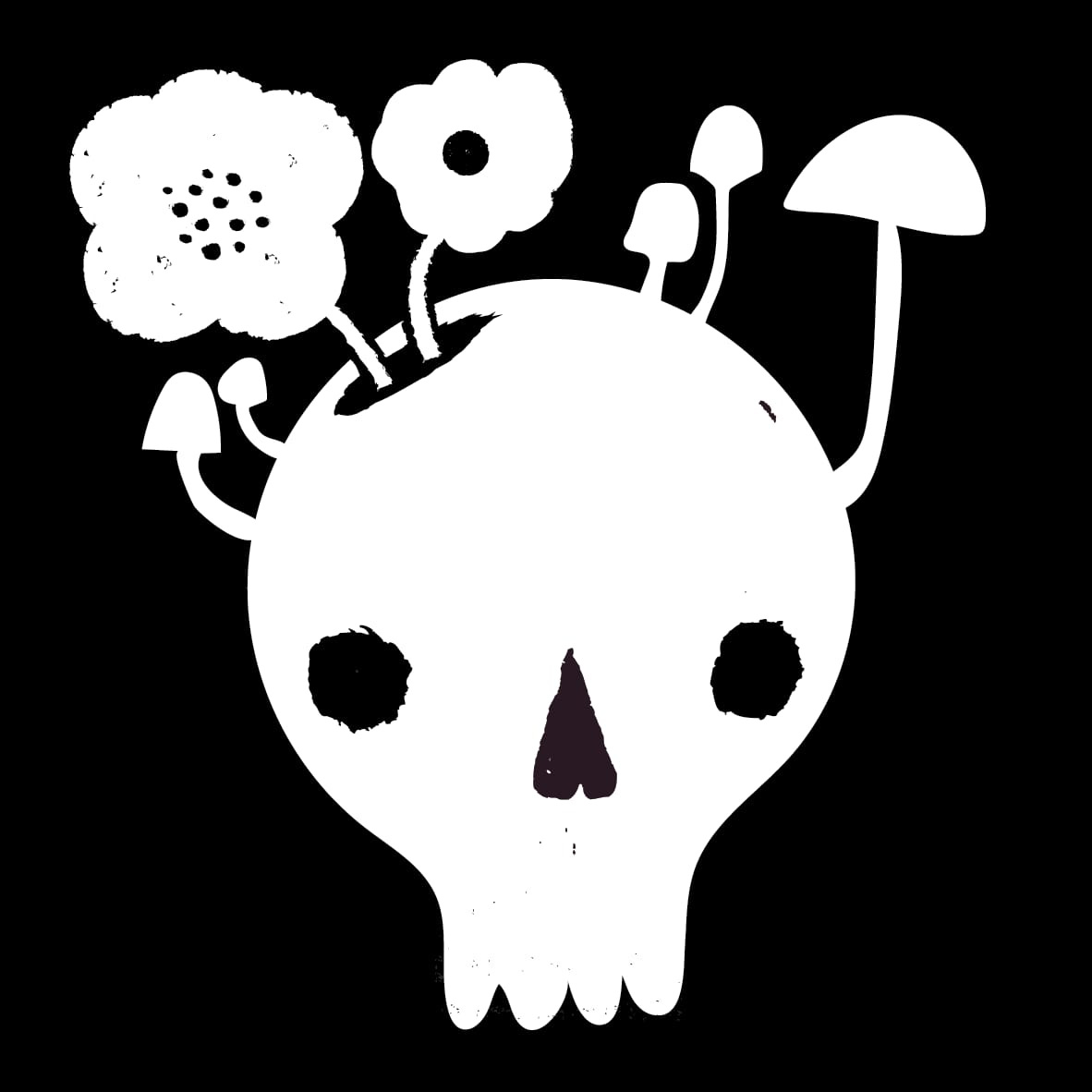 White human skull with flowers and mushrooms growing out of it on a black background White human skull with flowers and mushrooms growing out of it on a black background