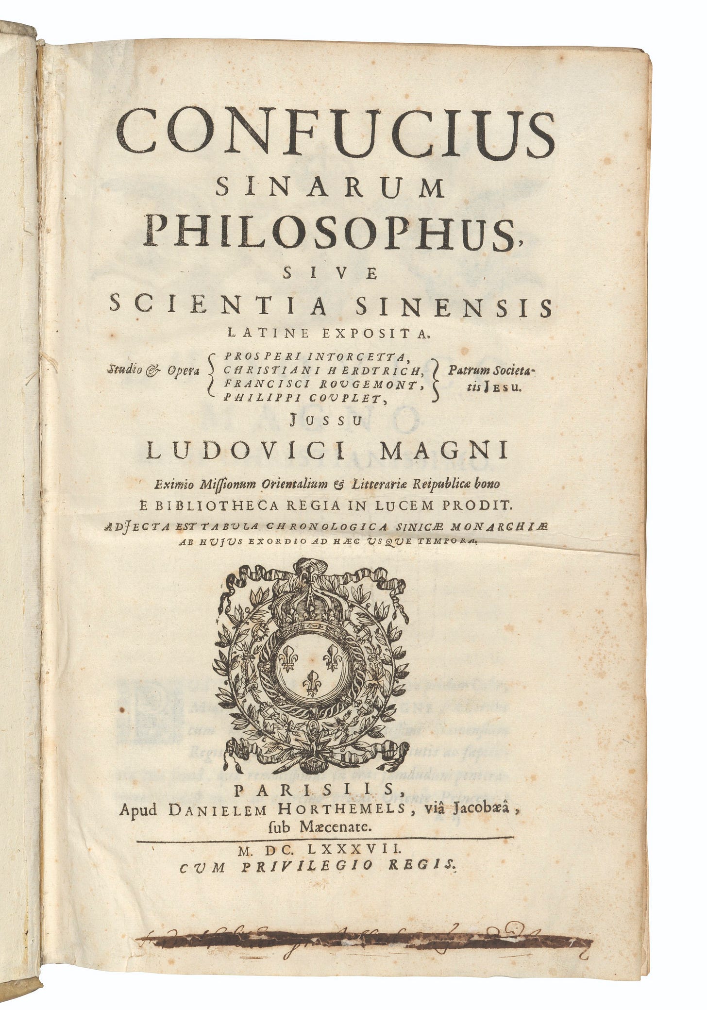 CONFUCIUS (551-479 B.C.), Sinarum philosophus, sive scientia sinensis  latine exposita. Edited by Prospero Intorcetta (1626-1696), Chrétien  Herdtrich (1625-1684), François de Rougemont (1624-1676), and Philippe  Couplet (1623-1692). Paris: Daniel ...