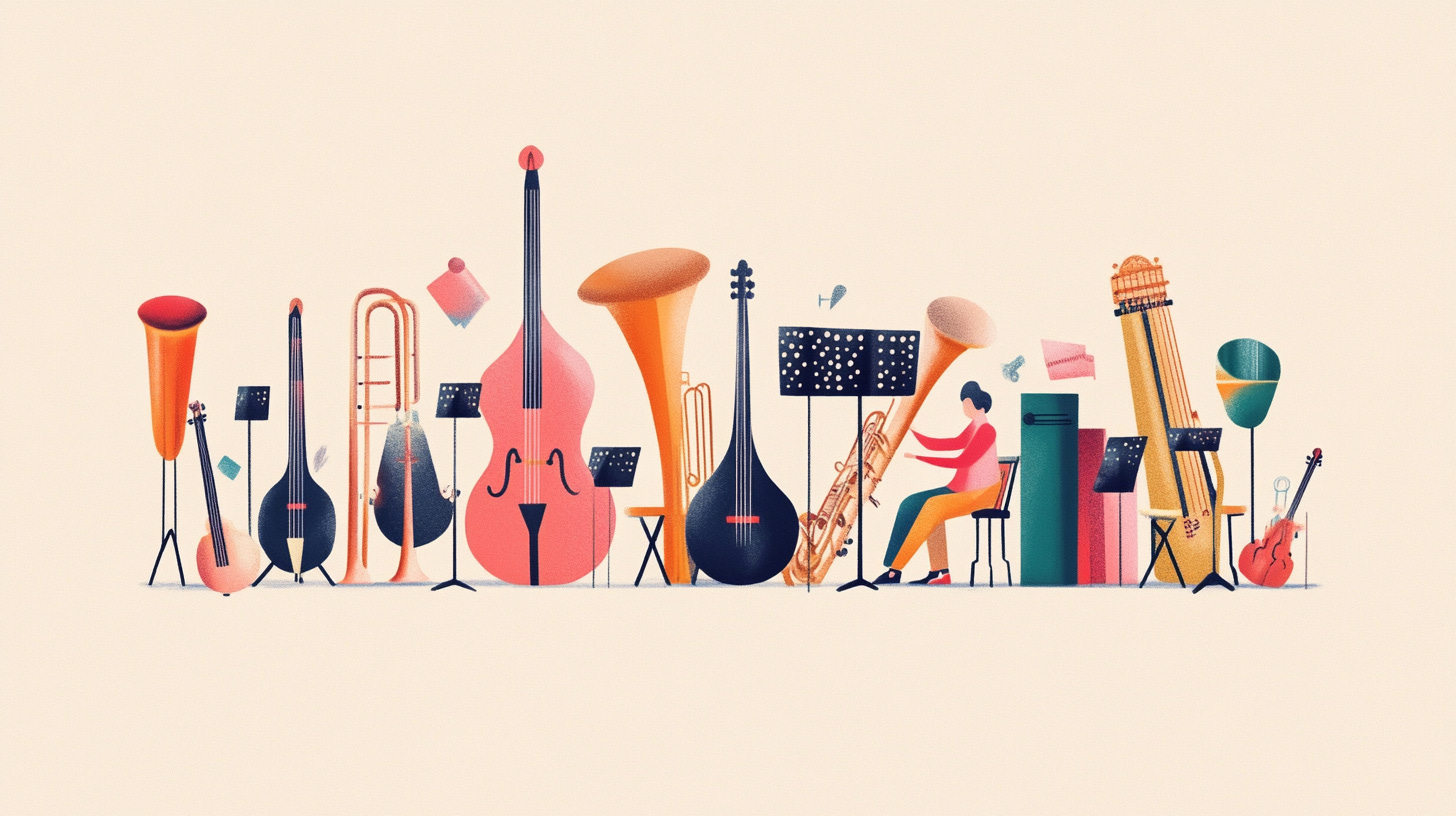Different abstract orchestra instruments with one seated player.
