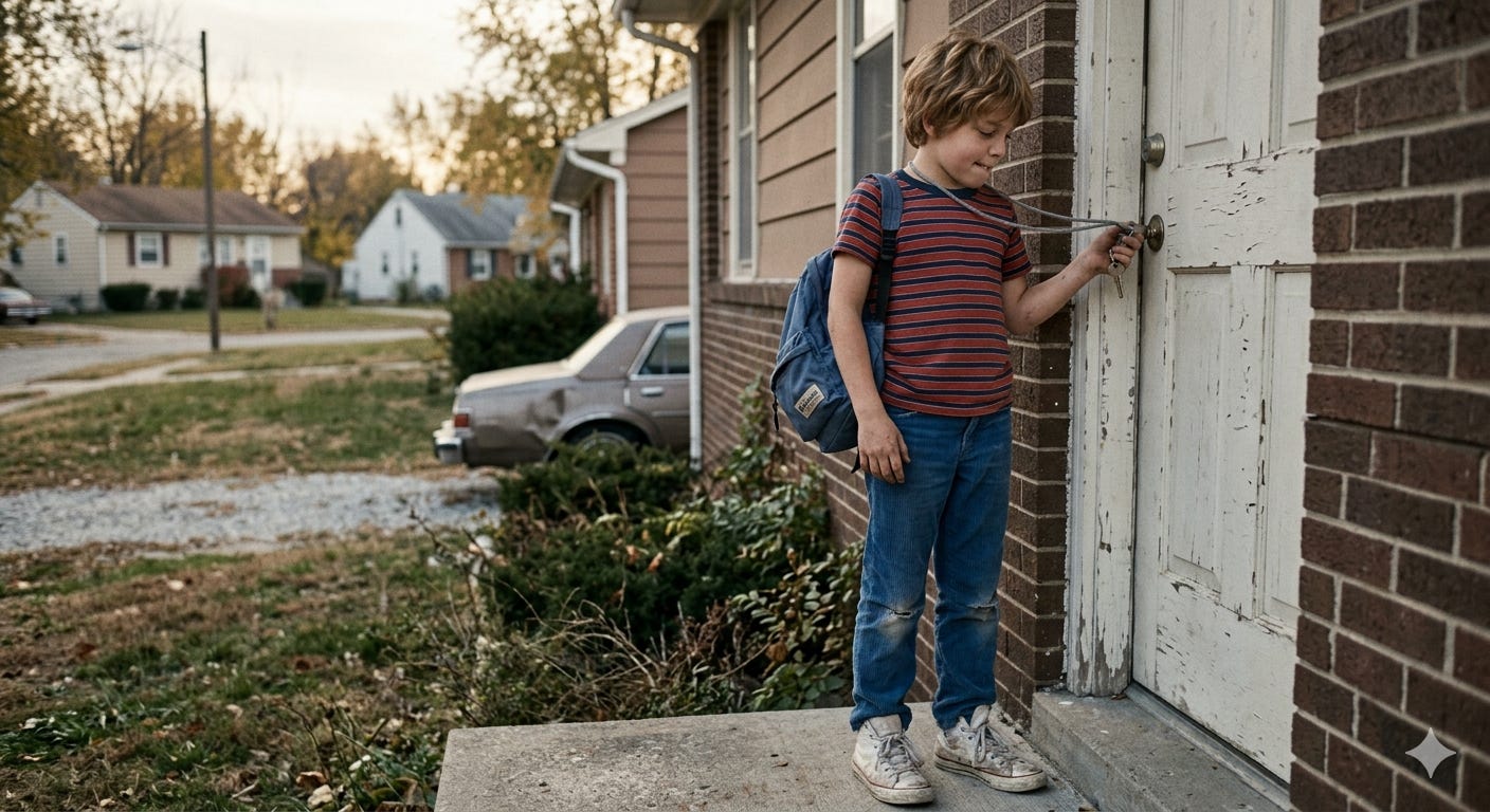 A latchkey kid in a striped t-shirt and backpack unlocking the front door of a brick home alone after school in a 1980s American suburb. A latchkey kid in a striped t-shirt and backpack unlocking the front door of a brick home alone after school in a 1980s American suburb.