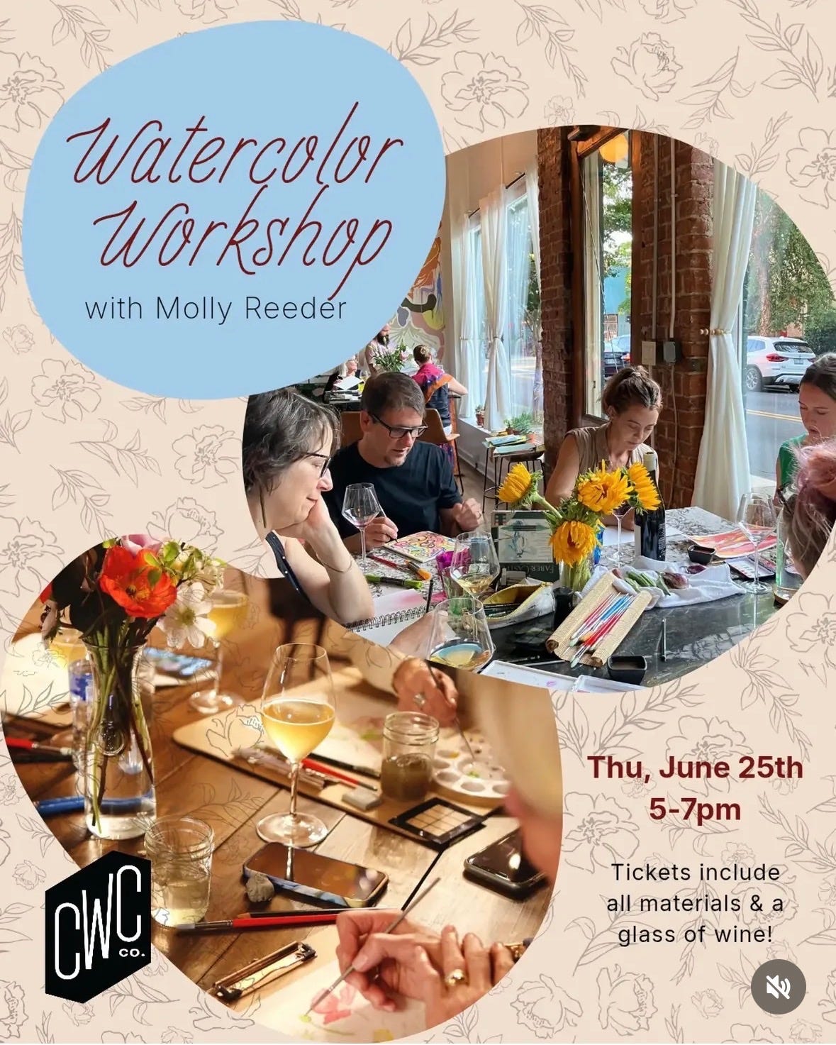 a flyer for the watercolor workshop at commonwealth crush showing people painting and drinking wine. a flyer for the watercolor workshop at commonwealth crush showing people painting and drinking wine.