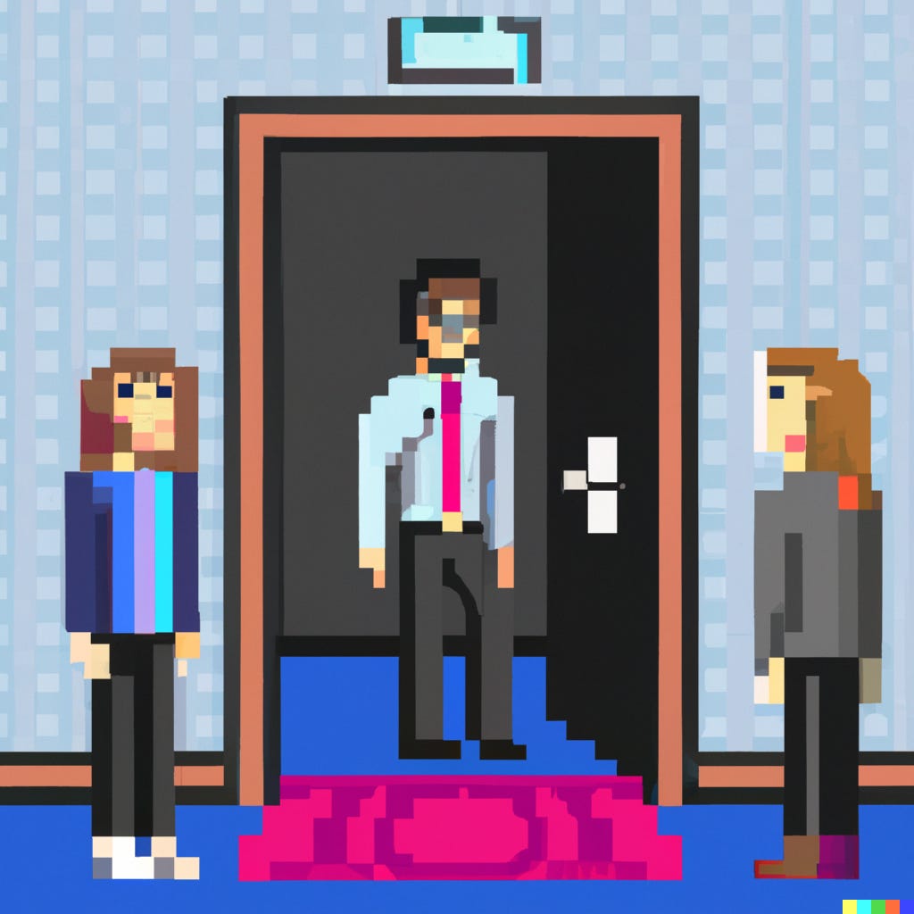 Pixel art of a person entering a room