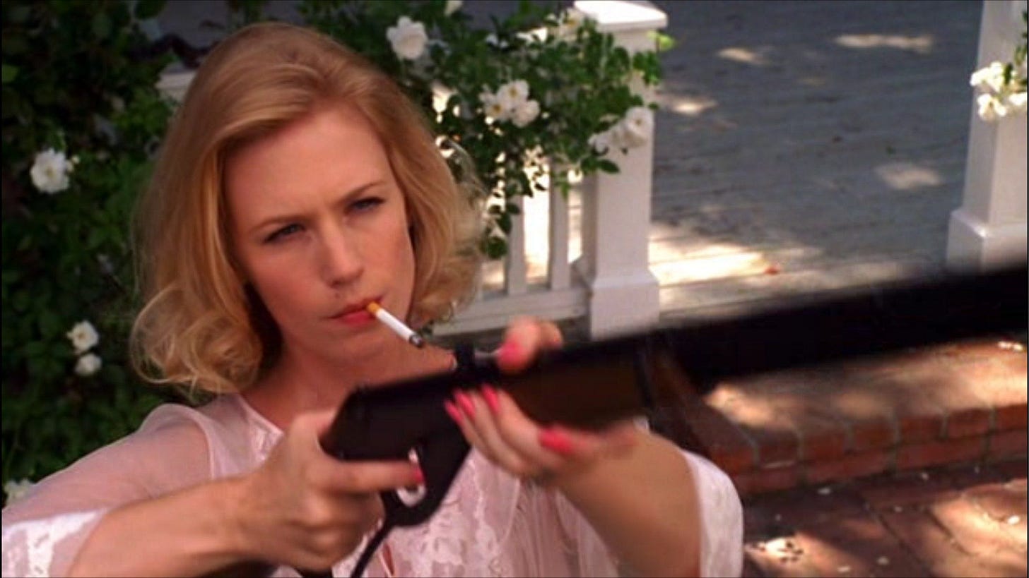 This is Betty peak scene. On one fine morning, she just randomly shooting  bird. Such a badass scene. : r/madmen