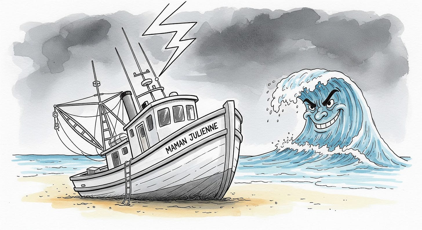 Rough wave with its face grinning in evil getting ready to attack a shrimp trawler boat stranded on a sand bar.