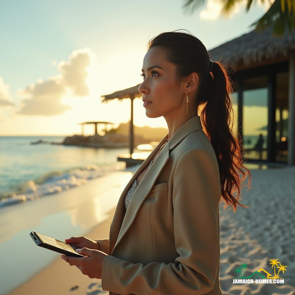 Intense female real estate agent, dressed in a professional, yet stylish outfit, stands on a pristine Jamaican beach, scrutinizing a sleek, modern glass property, with a look of concentration, as she calculates the cost, while gazing out at the surrounding older properties, her eyes lingering on one larger, luxurious property in the distance, its grandeur making her task more challenging, warm golden light casts long shadows, cinematic film grain and subtle vignette add depth, colors graded to evoke a sense of drama, post-processed to perfection, with atmospheric, epic, and stunning cinematic lighting, evoking the aesthetic of legendary cinematographers
