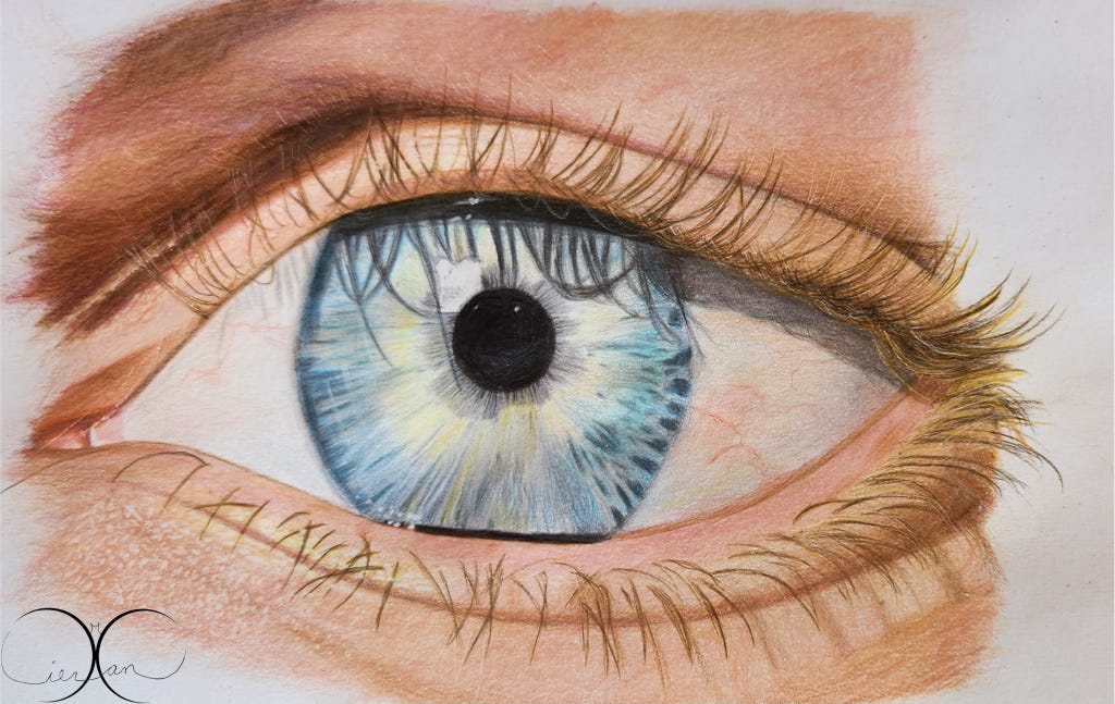 Image is of a blue-green eye in colored pencil.