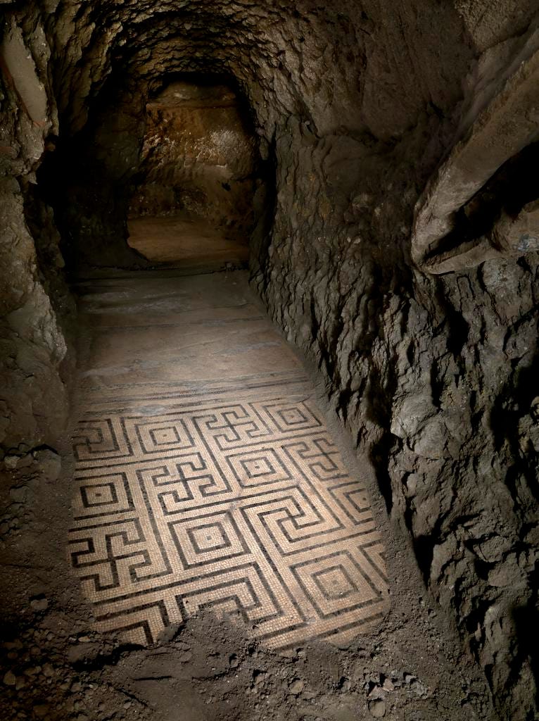 Mosaic floor with complex meander in room O, Roman, first century BC, in situ. © Archivio dell’arte - Pedicini Photographers
